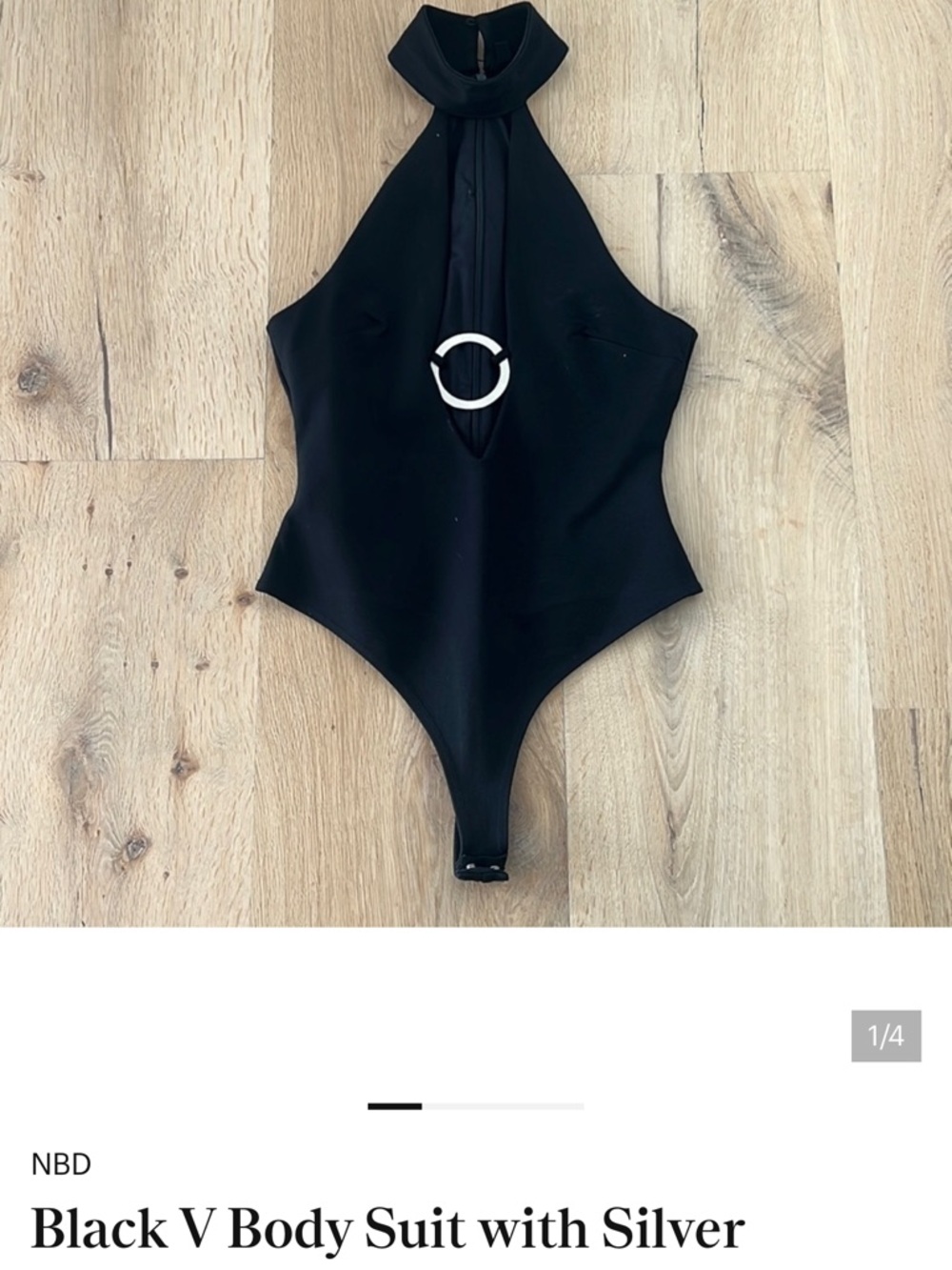 NBD Black Halter Bodysuit with Silver Ring Accent